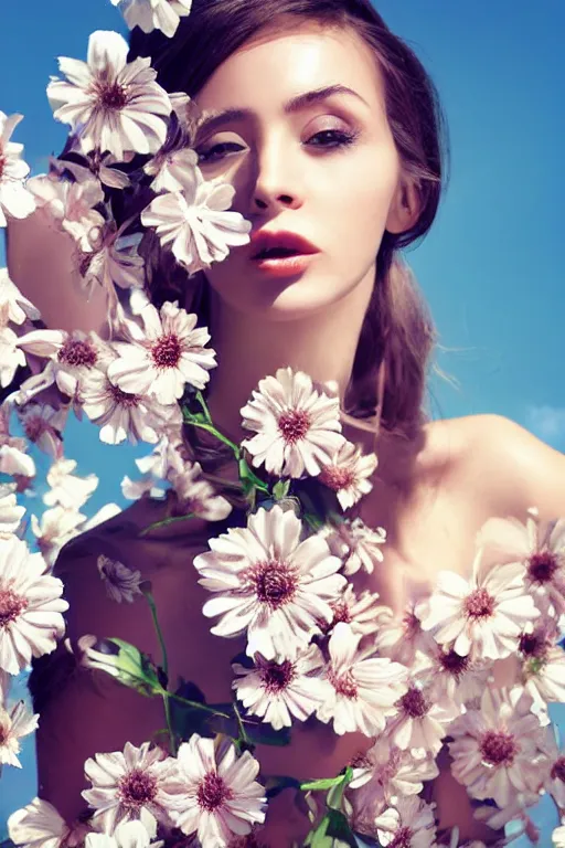 Prompt: close - up fashion woman portrait airy flowers clouds