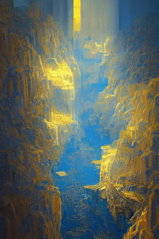 Image similar to art deco patterns, blue and gold, 8 k, powerfull, intricate, elegant, volumetric lighting, scenery, digital painting, highly detailed, artstation, sharp focus, illustration, concept art, ruan jia, steve mccurry, beksinski