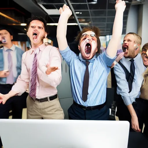 Image similar to unhappy business people throwing computers, screaming yelling, smashing things in their wework office. high resolution color magazine candid photograph.