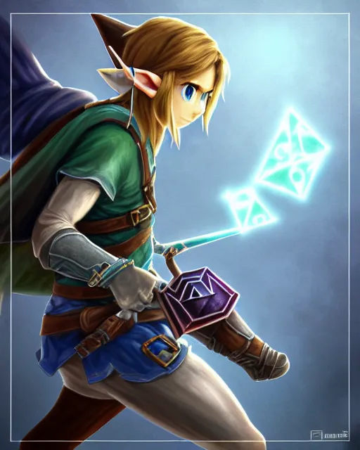 Prompt: link with his ocarina, flying notes, hyrule, soft grey and blue natural light, intricate, highly detailed dark art, digital painting, artstation, concept art, smooth, sharp focus,!