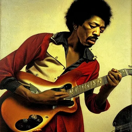 Image similar to Jimy Hendrix playing by Caravaggio