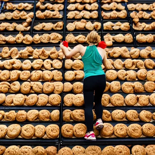 Prompt: photo of a woman climbing stairs that are made of cookies rising over the clouds