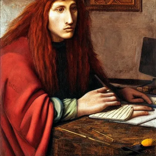 Image similar to a red-haired long-haired teenage boy sitting at a computer, lions around him, painting by Donatello