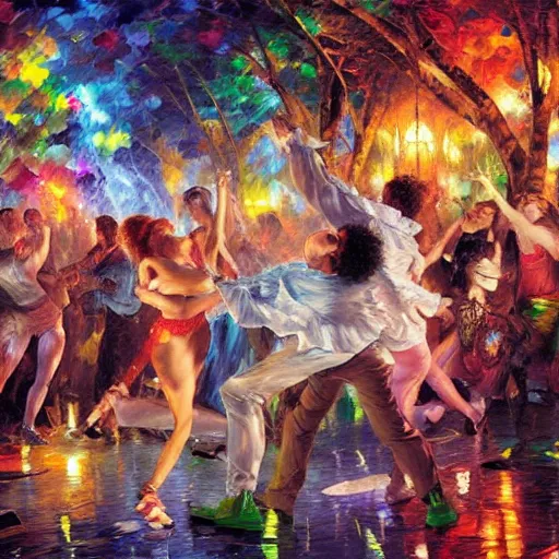 Prompt: rave dance party by thomas kinkade, arthur adams, charlie bowater, leonid afremov, chiho ashima, karol bak, david bates, tom chambers