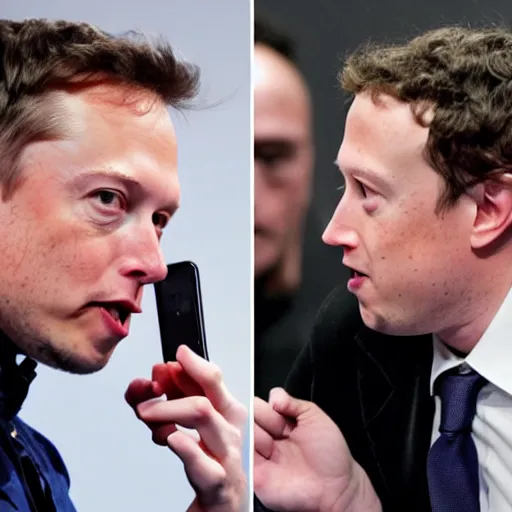 Image similar to elon musk and mark zuckerberg, one on each side, fighting over an iphone