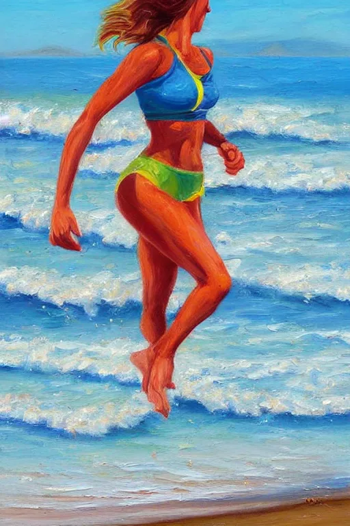 Prompt: oil painting detailed girl running on the beach and shoreline painted by jeremiah ketner and James Gurney