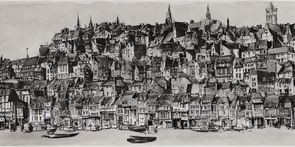 Prompt: an Ink drawing of Honfleur, Northern France, small houses, crowds, high contrast, black and white, by bill brandt