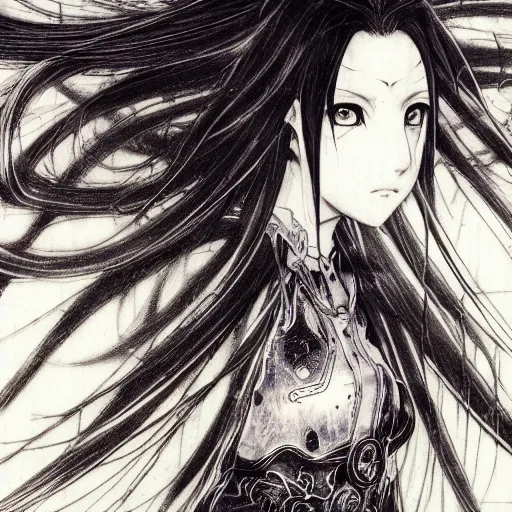 Image similar to yoshitaka amano realistic illustration of an anime girl with black eyes, wavy white hair fluttering in the wind and cracks on her face wearing elden ring armor with engraving, abstract black and white patterns on the background, noisy film grain effect, highly detailed, renaissance oil painting, weird portrait angle, three quarter view, head turned to the side