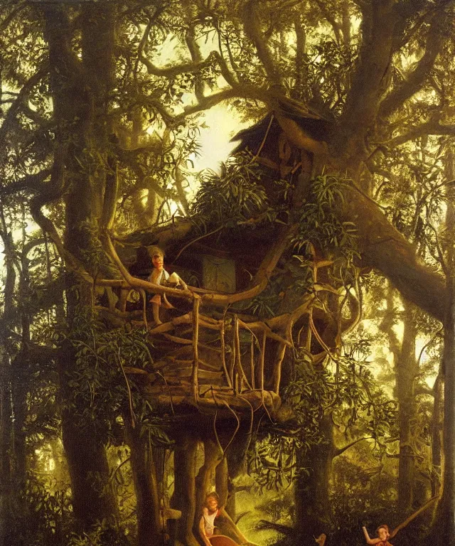 Image similar to masterful oil on canvas painting, eye - level view, shot from 5 0 feet distance, of a kid playing in a treehouse. in the background is a whimsical sparse forest. by ambrosius benson and gerald brom. golden hour, detailed, depth, volume, chiaroscuro, quiet intensity, vivid color palette.