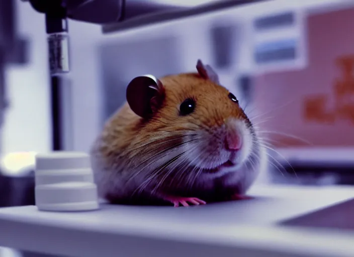 Image similar to film still of a hamster working in a research lab finding the cure for cancer, 8 k