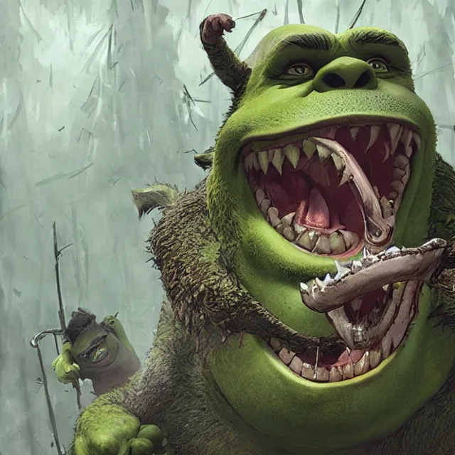 Image similar to monstrous shrek shrieking and gnashing his vicious teeth, art by greg rutkowski