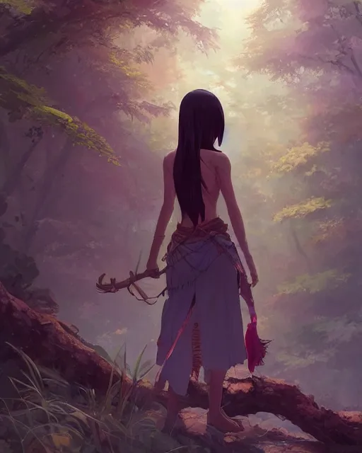 Image similar to an asian tribeswoman woman standing in the woods. By Makoto Shinkai, Stanley Artgerm Lau, WLOP, Rossdraws, James Jean, Andrei Riabovitchev, Marc Simonetti, krenz cushart, Sakimichan, D&D trending on ArtStation, digital art.