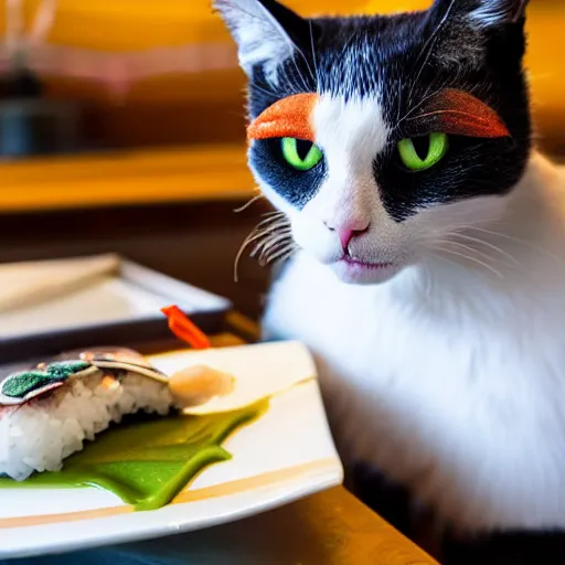 Image similar to cat sushi chef in a Japanese restaurant, close up photo