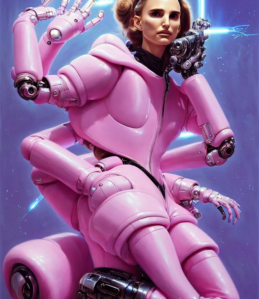 Image similar to beautiful fantasy character portrait of a natalie portman cyborg, wearing pink puffy bomber jacket with white fur, seductive reclining pose, lasers, ultra realistic, dramatic lighting, robots, the fifth element artifacts, highly detailed by peter mohrbacher, hajime sorayama, wayne barlowe, boris vallejo, aaron horkey, gaston bussiere, craig mullins