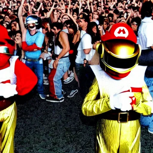 Prompt: Super Mario Brothers as Daft Punk headlining an EDM festival in Sweden, 2004, outdoor rave, crowd shot