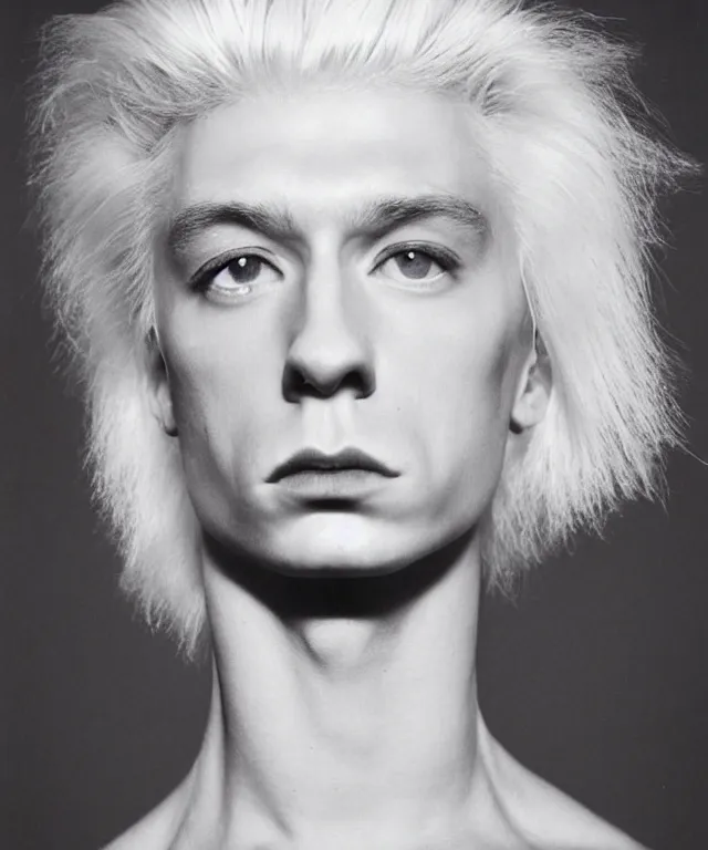 Image similar to a color photograph of a non binary model, platinum blonde, by robert mapplethorpe, intense, bold, hyperrealistic, ultra sharp, extra details, ultra high quality, trending on pinteresst