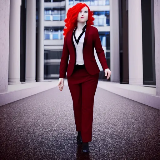 Prompt: photo of a woman with red hair wearing a formal slightly open formal business suit, trending on instagram, full body, ultra - hd, hcl, 1 2 - bit, ar, volumetric lighting, opaque, optics, lumen reflections, vfx, insanely detailed and intricate, super detailed