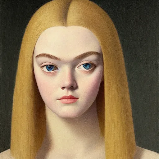 Image similar to A masterpiece head and shoulders portrait of Elle Fanning, by Grant Wood. 8K. Extremely detailed.