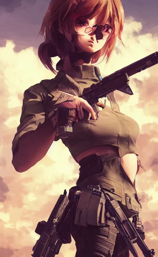 Image similar to highly detailed, high resolution, character design art, stunning, volumetric lightning, realistic guns, girls frontline style, matte, sharp focus, intricate, 150mm, illustration, artstation, by kuvshinov ilya, realistic human anatomy, simple design, realistic military gear, metal gear style