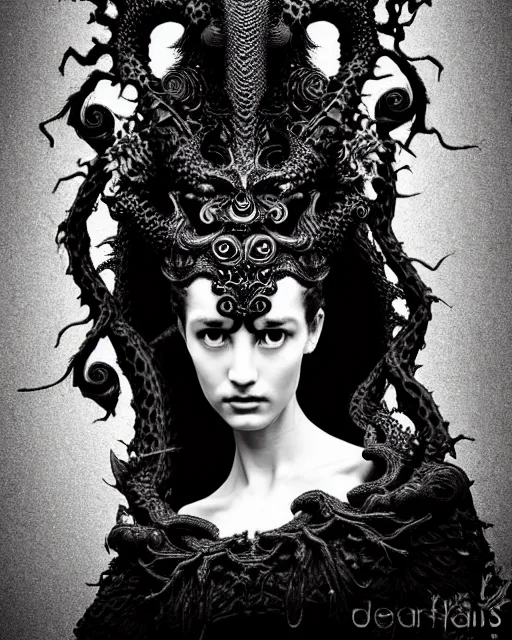 Image similar to dark background, a black and white high quality dreamy photo of a young beautiful female queen-dragon-vegetal-cyborg bust with a very long neck and delicate Mandelbrot fractal face, elegant, highly detailed, flesh highly baroque ornate, hair are curled wired cables, elegant, poetic, soft, dreamy, mysterious, high fashion, rim light, in the style of Ellen von Unwerth, Realistic, Refined, Digital Art, Highly Detailed, Cinematic Lighting, rim light, black and white, photo-realistic, 8K