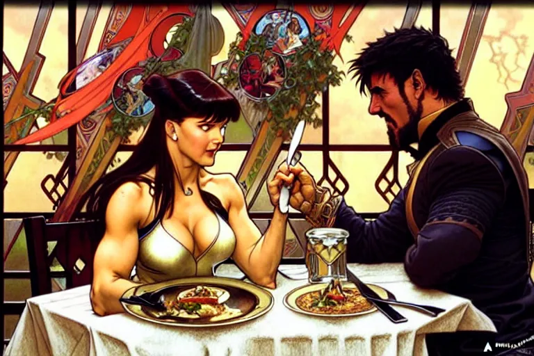 Image similar to xena warrior princess eating at a restaurant, with a hispanic man in a suit as her companion, art by artgerm and greg rutkowski and alphonse mucha