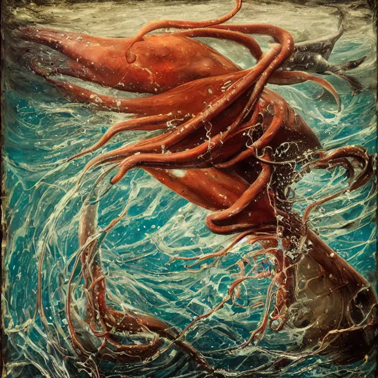 Image similar to Hyperrealistic intensely colored Studio wet collodion Photograph portrait of a deep sea Giant Squid battling Physeter Macrocephalus Whale deep underwater in darkness long exposure, award-winning nature deep sea expressionistic impasto heavy brushstrokes oil painting by Jenny Saville and Norman Rockwell and Audubon vivid colors hyperrealism 8k