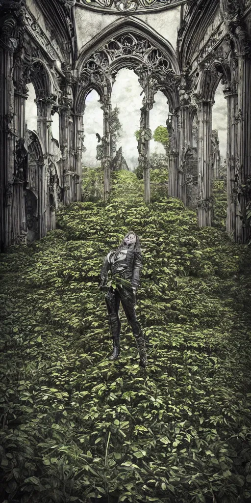 Image similar to extra wide view. Half human, half plant. marvellous magic plants. Ominous. Gothic medieval baroque. Dry ground cracks. Hyper-detailed. Hyperreal. Unreal render.. Photography