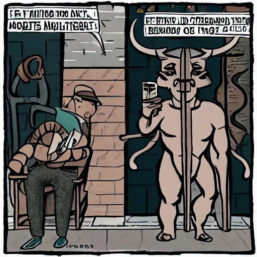 Prompt: the minotaur, riding on a subway, staring at his cell phone