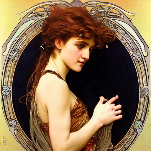 Image similar to detailed portrait art nouveau painting of the goddess of the wind, backlit, who resembles Saoirse Ronan, Kate Moss, and Emma Watson with anxious, piercing eyes, elegant highly detailed digital painting artstation smooth sharp focus illustration, by Alphonse Mucha, Michael Whelan, William Adolphe Bouguereau, John Williams Waterhouse, and Donato Giancola