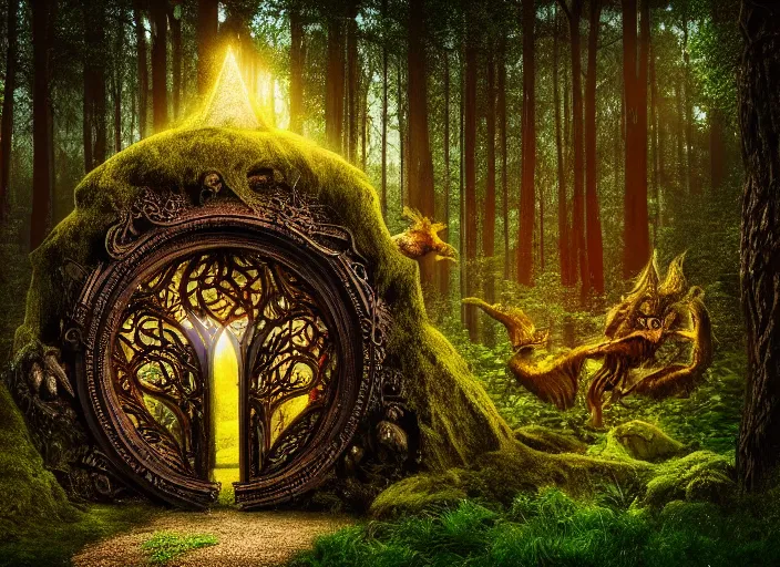 Image similar to photo of a portal to a different kingdom with magical creatures in it, in the forest. Fantasy magic style. Highly detailed 8k. Intricate. Nikon d850 55mm. Award winning photography.