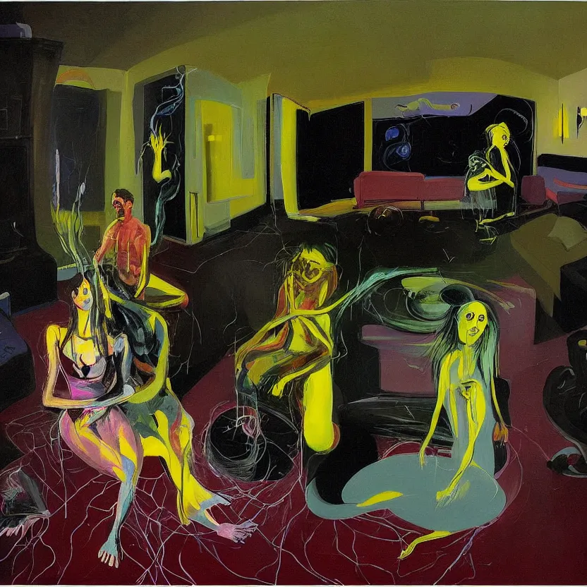 Image similar to Portrait of man and woman feeling love in the living room of a house, floating dark energy surrounds them. There is one plant to the side of the room, surrounded by a background of dark cyber mystic alchemical transmutation heavenless realm, fish eye lens, expressionist artwork by francis bacon and Jenny seville, midnight hour, part by adrian ghenie, part by jeffrey smith, part by josan gonzales, part by genieve figgis, part by norman rockwell, part by phil hale, part by kim dorland, artstation, highly detailed