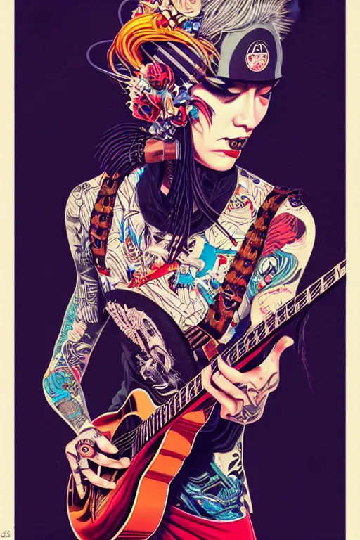 Image similar to punk rocker playing acoustic guitar, tristan eaton, victo ngai, artgerm, rhads, ross draws, intricated details, 3 / 4 view, full body portrait