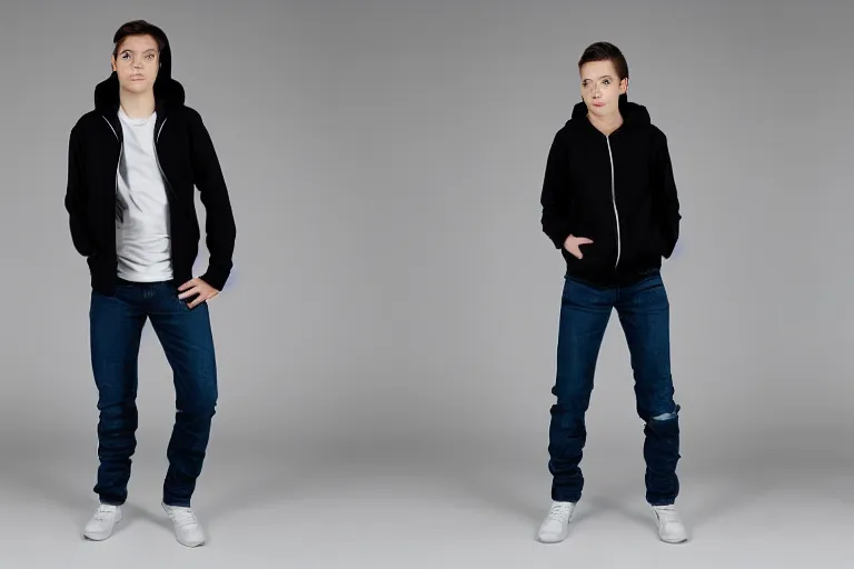 Prompt: full - body shot fashion model wearing jeans and hoodie on white background for ecommerce, sigma 2 4 mm f / 8