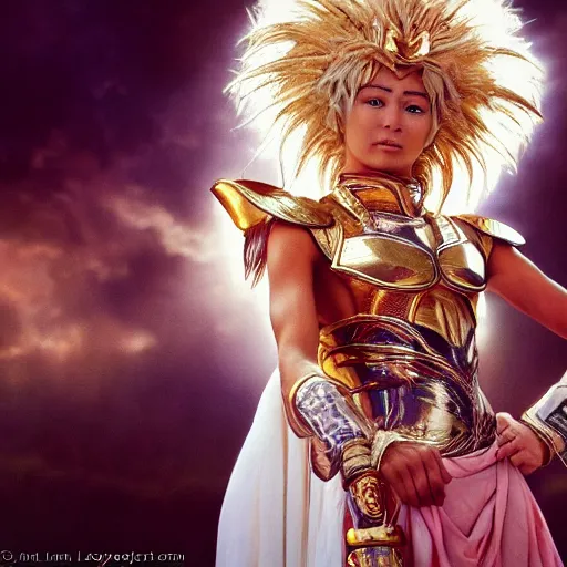 Image similar to a beautiful photographic shot of saga of saint seiya, beautiful natural light failling on her face, by annie leibowitz