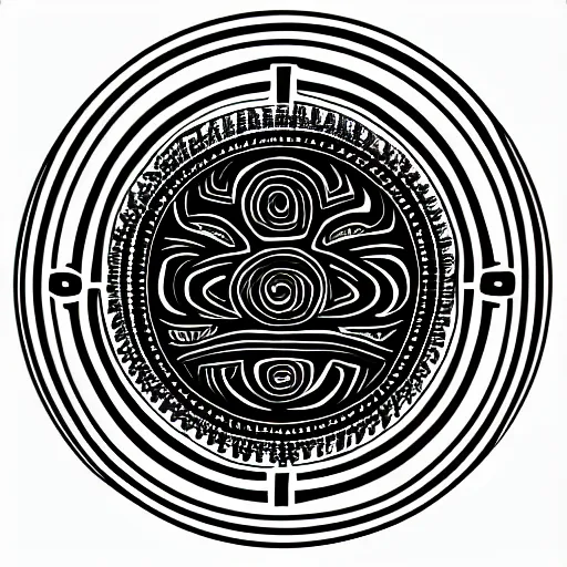 Image similar to professional photograph of a black circle in the middle with tribal symbols behind, black an white, white background