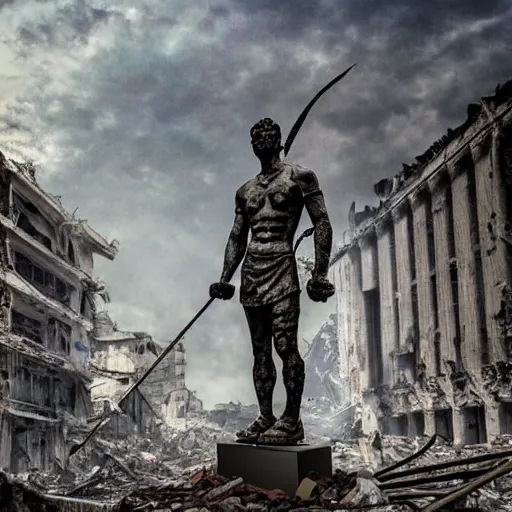 Image similar to statue of a warrior standing in the destroyed city, post apocalyptic scenery