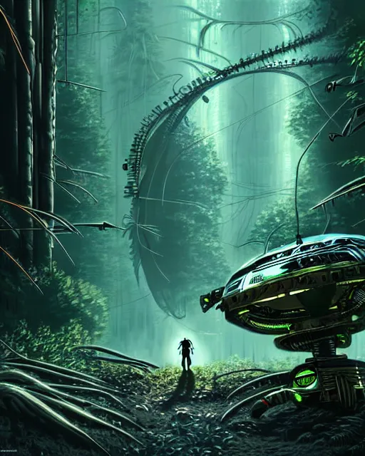 Image similar to aliens discovering technological artifact in a forest, concept art, intricate details, highly detailed, sci - fi poster, cyberpunk art, in the style of looney tunes
