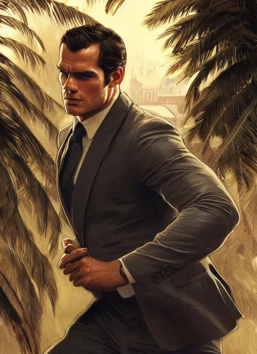 Image similar to portrait of henry cavill as james bond, key art, sprinting, palm trees, aston martin db 1 0, highly detailed, digital painting, artstation, concept art, cinematic lighting, sharp focus, illustration, by gaston bussiere alphonse mucha