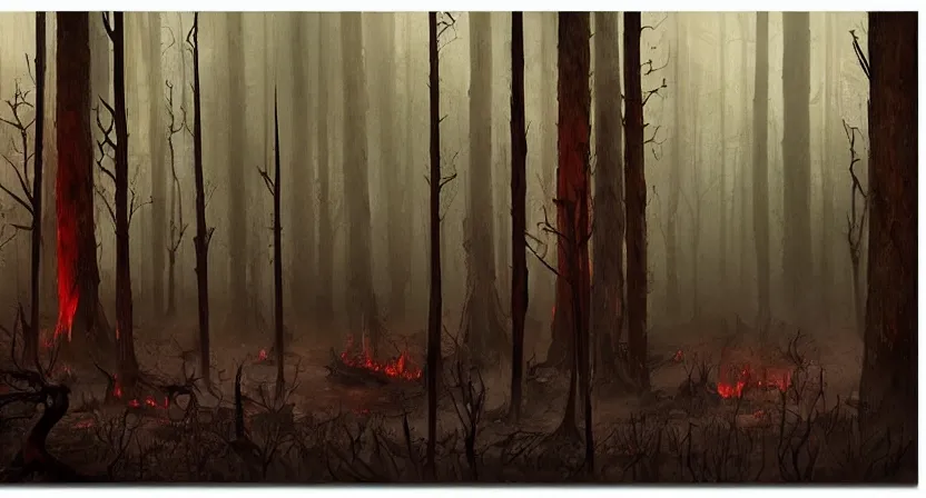 Prompt: a barren lifeless forest with burned trees concept art by Doug Chiang cinematic, realistic painting, high definition, very detailed, extremely high detail, photo realistic, concept art, red color palette, the Mandalorian concept art style