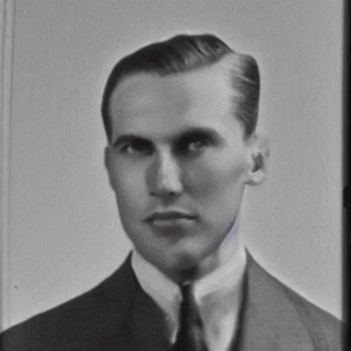 Image similar to A photograph portrait of Jerma985 wearing a suit with short slicked hair in the early 1930s, taken in the early 1930s, grainy, taken on a early 1930s Kodak Camera, realistic, hyperrealistic, very realistic, highly detailed, very detailed, extremely detailed, detailed, digital art, trending on artstation