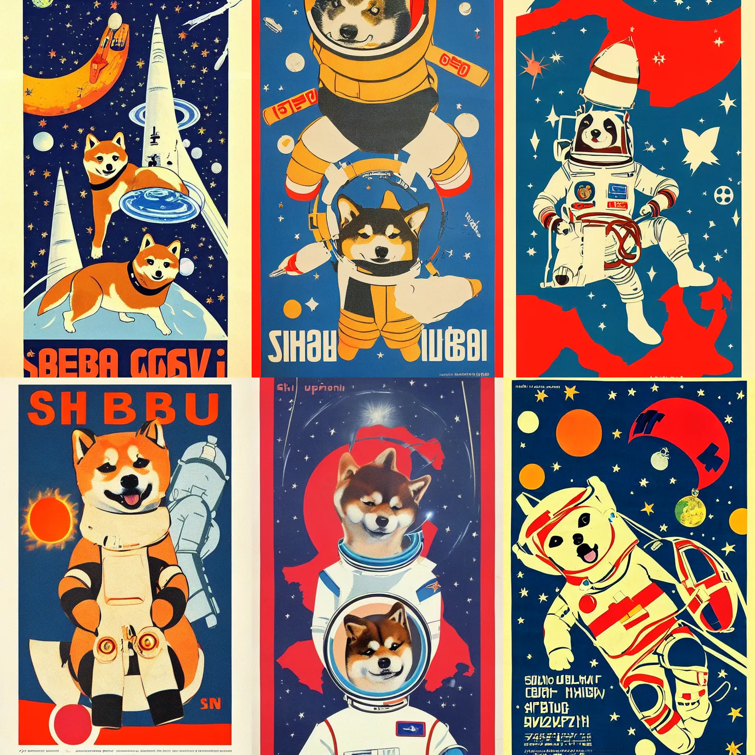 Prompt: Shiba Inu cosmonaut, 60s poster, 1968 Soviet