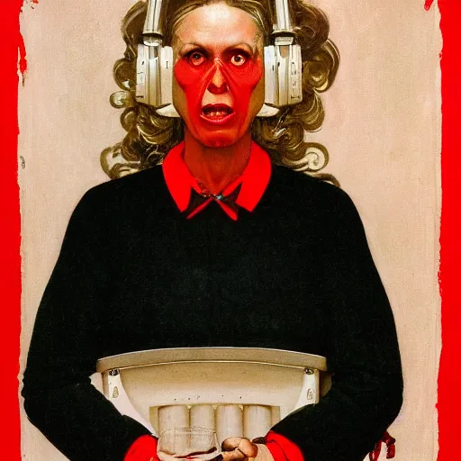 Image similar to Frontal portrait of a science fiction woman with a hysterical facial expression. White and red color palette. Norman Rockwell painting.