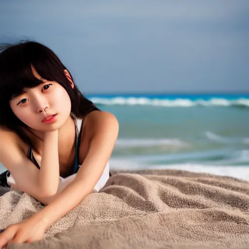 Prompt: South Korean teenager girl on the beach, laying on a towel, professional photography