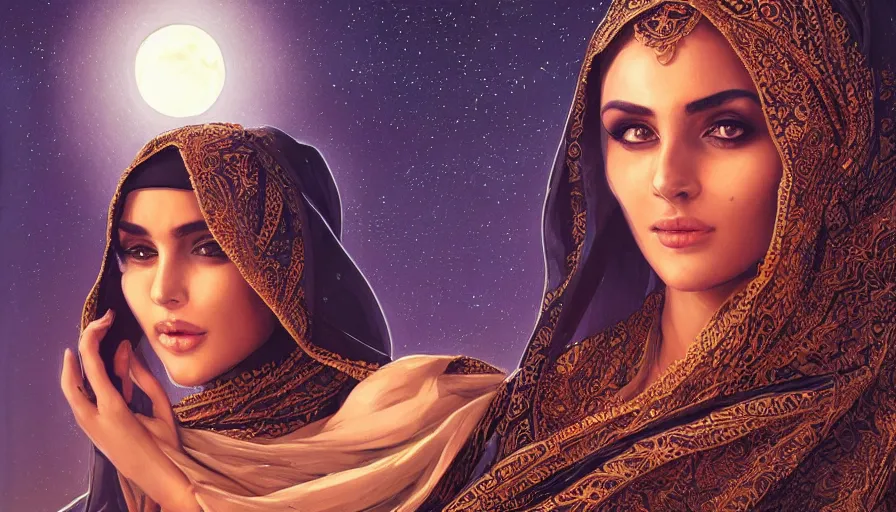 Image similar to Portrait of very very very very very very beautiful Arab woman wearing a Niqab, glowing magical eyes, energy trails, under giant full moon in the desert, intricate, elegant, highly detailed, digital painting, artstation, concept art, smooth, sharp focus, illustration, art by artgerm and greg rutkowski and alphonse mucha