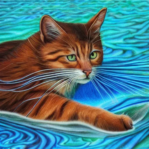 Prompt: Colored pencil art on paper, Cat swimming in the river, highly detailed, artstation, MasterPiece, Award-Winning, Caran d'Ache Luminance