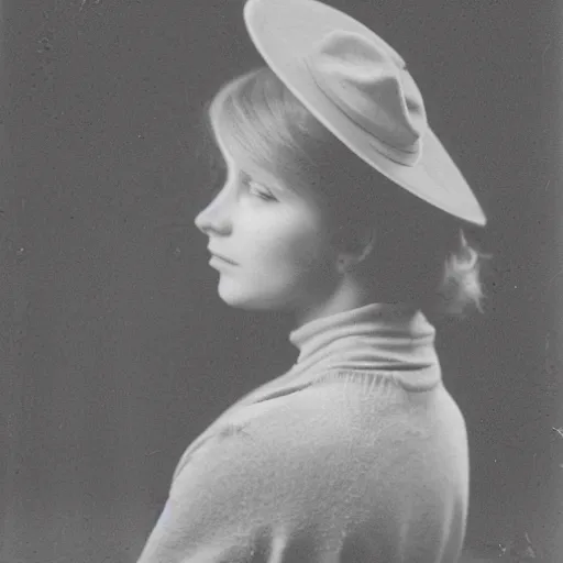 Image similar to portrait of 2 0 - year - old woman with angle lost profile looking away, medium yellow blond hair, character with a hat, hair comes out of the hat a little