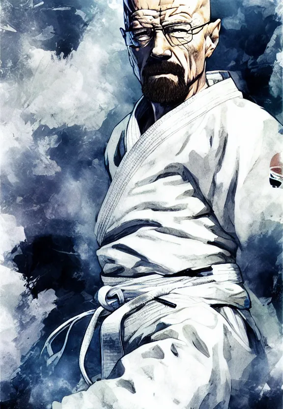 Image similar to serene Concept art of grandmaster walter white wearing a white martial artist gi, bald head and white beard, surrounded by white smoke, smoky, by Chen Uen, art by Yoji Shinkawa, 4k