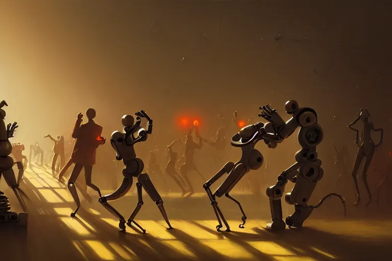 Image similar to robots dancing by otto dix and greg rutkowski and andreas rocha, cinematic lighting, warm colours, ultra realistic, unreal engine, trending on artstation, 4 k