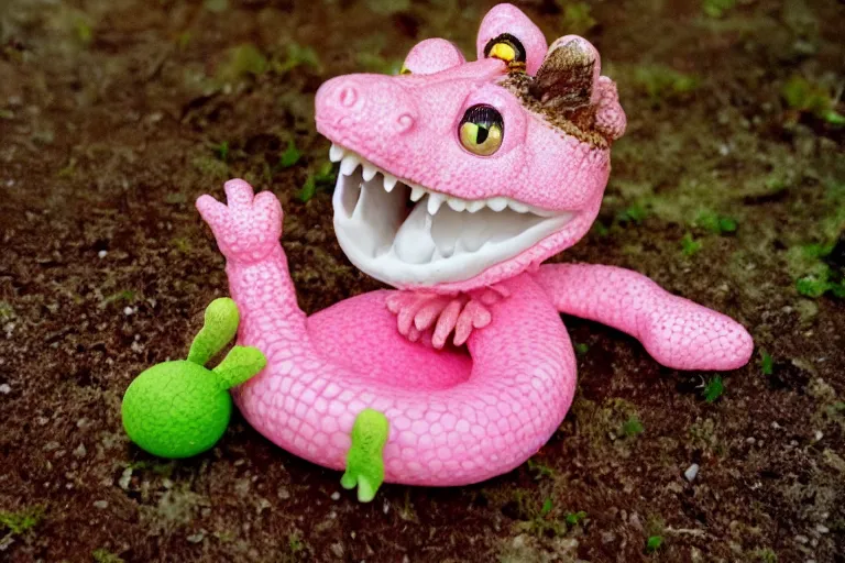 Image similar to the cutest baby alligator sitting in strawberries golden hour trending on Flickr pink and green cinematic high details claymation film still