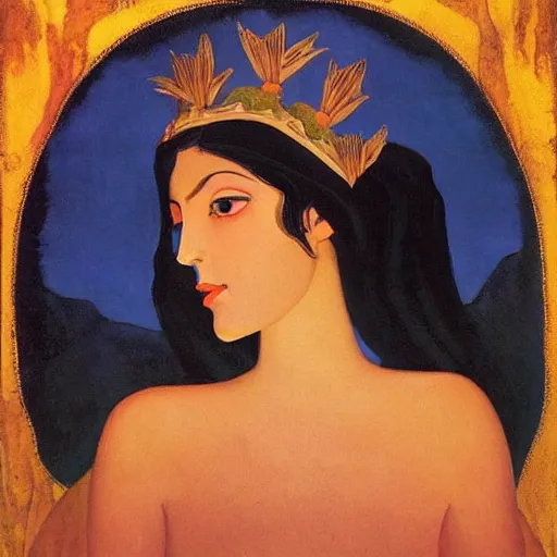 Image similar to a naturalist beautiful beautiful gorgeous vintage painting of a portrait of a queen with dark hair by nicholas roerich by gustave moreau, by eyvind earle by bruce pennington by georgia o keeffe, blood, skin reflective metallic